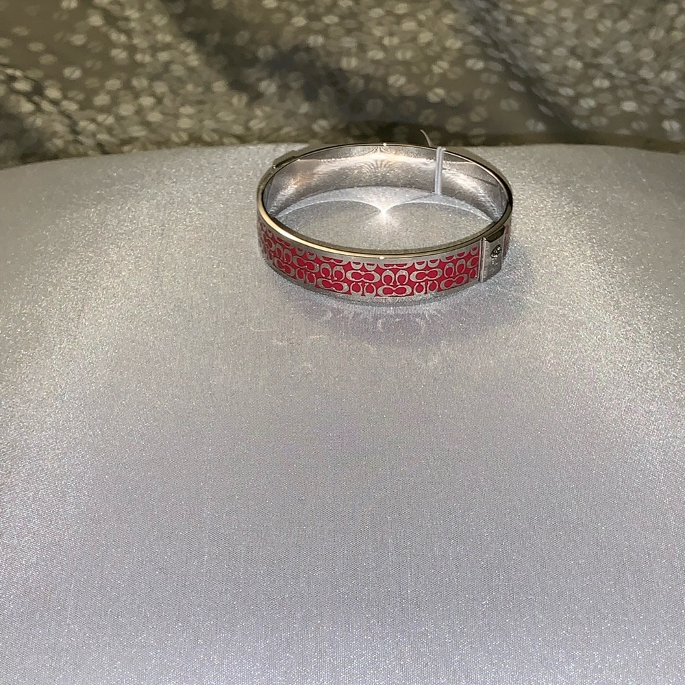 COACH BANGLE- 1/2 inch Signature In Silver/Red